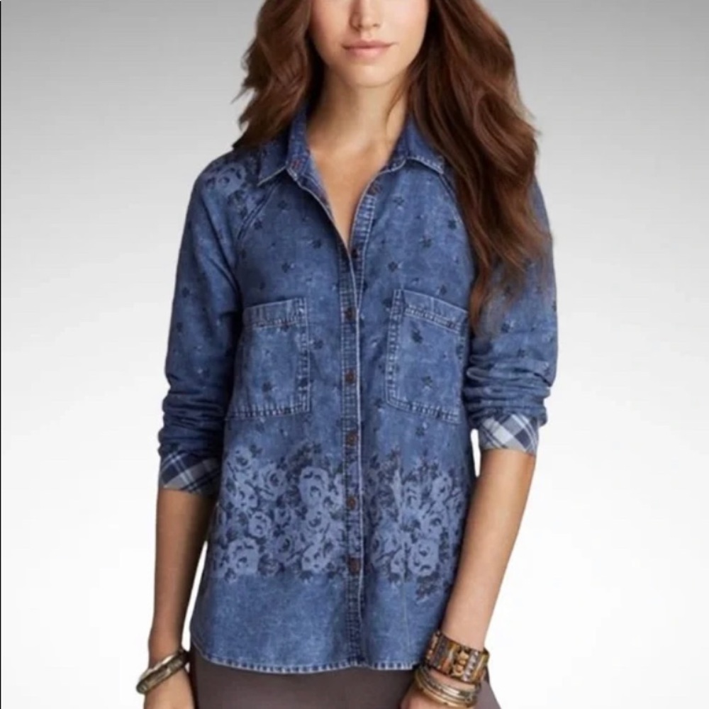 Free People Dottie Over You Long Sleeve Shirt Floral Chambray With Plaid Medium